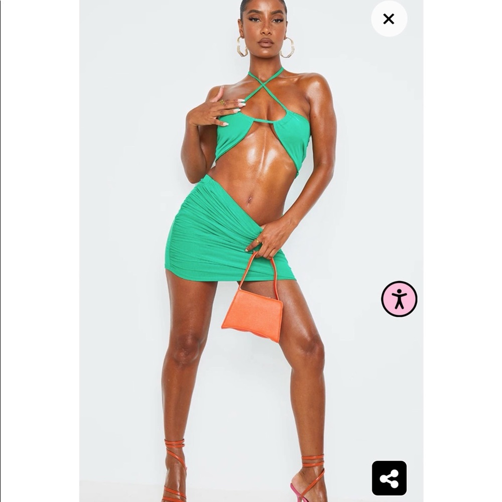 Bright Green Mesh Ruched Side Mini Skirt